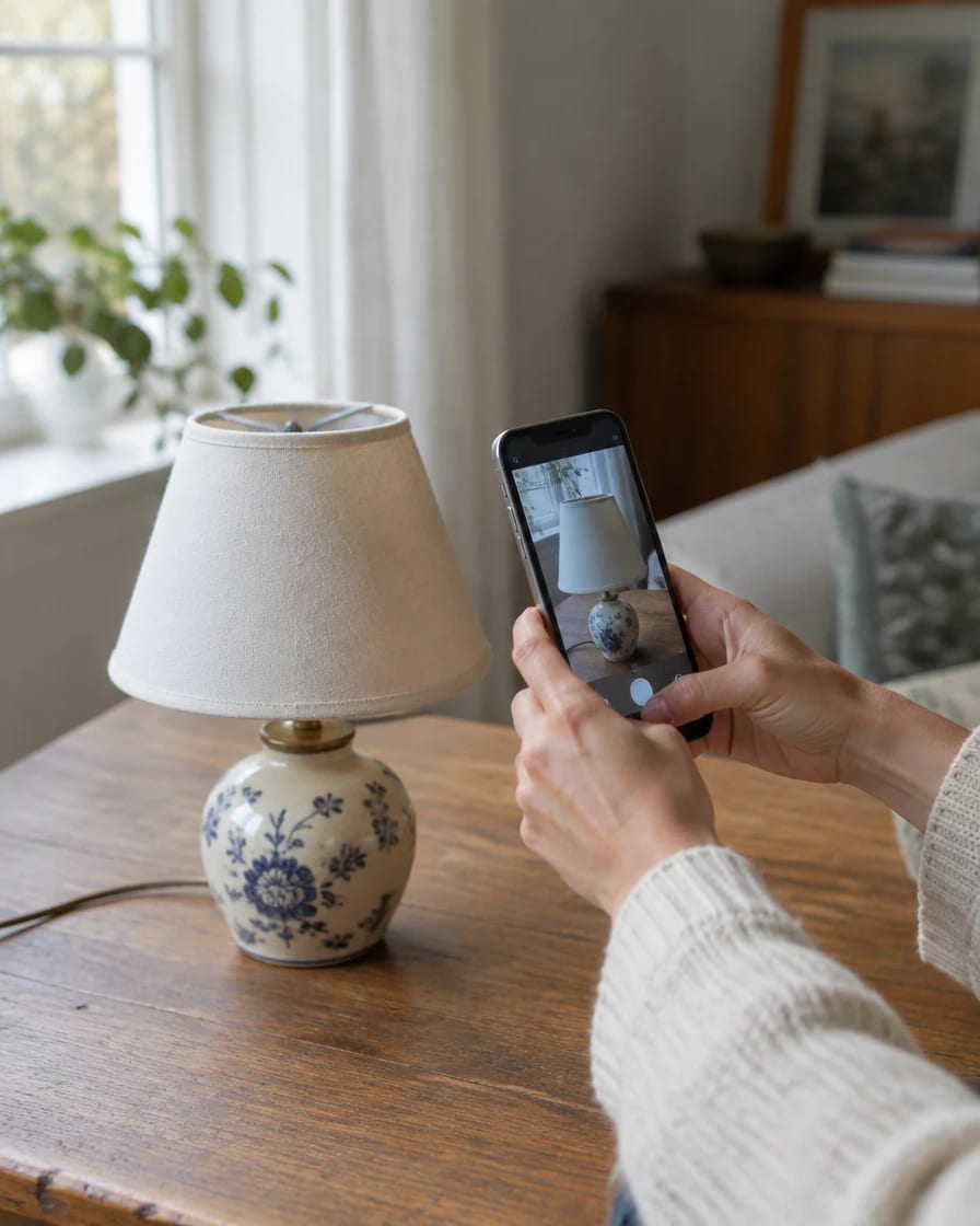 Hands holding a phone over a small table lamp, scanning it for a value