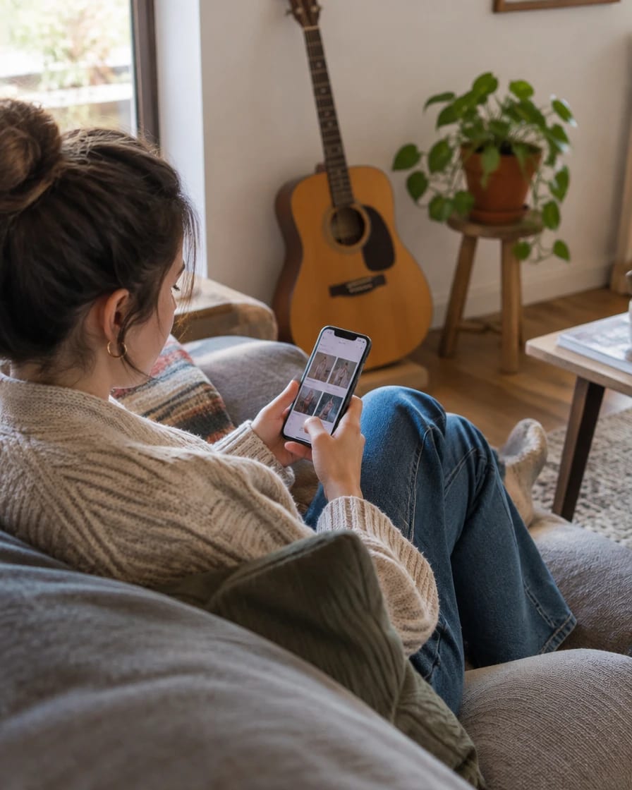 Someone on a sofa browsing items on their phone, a guitar leaning on the wall behind them